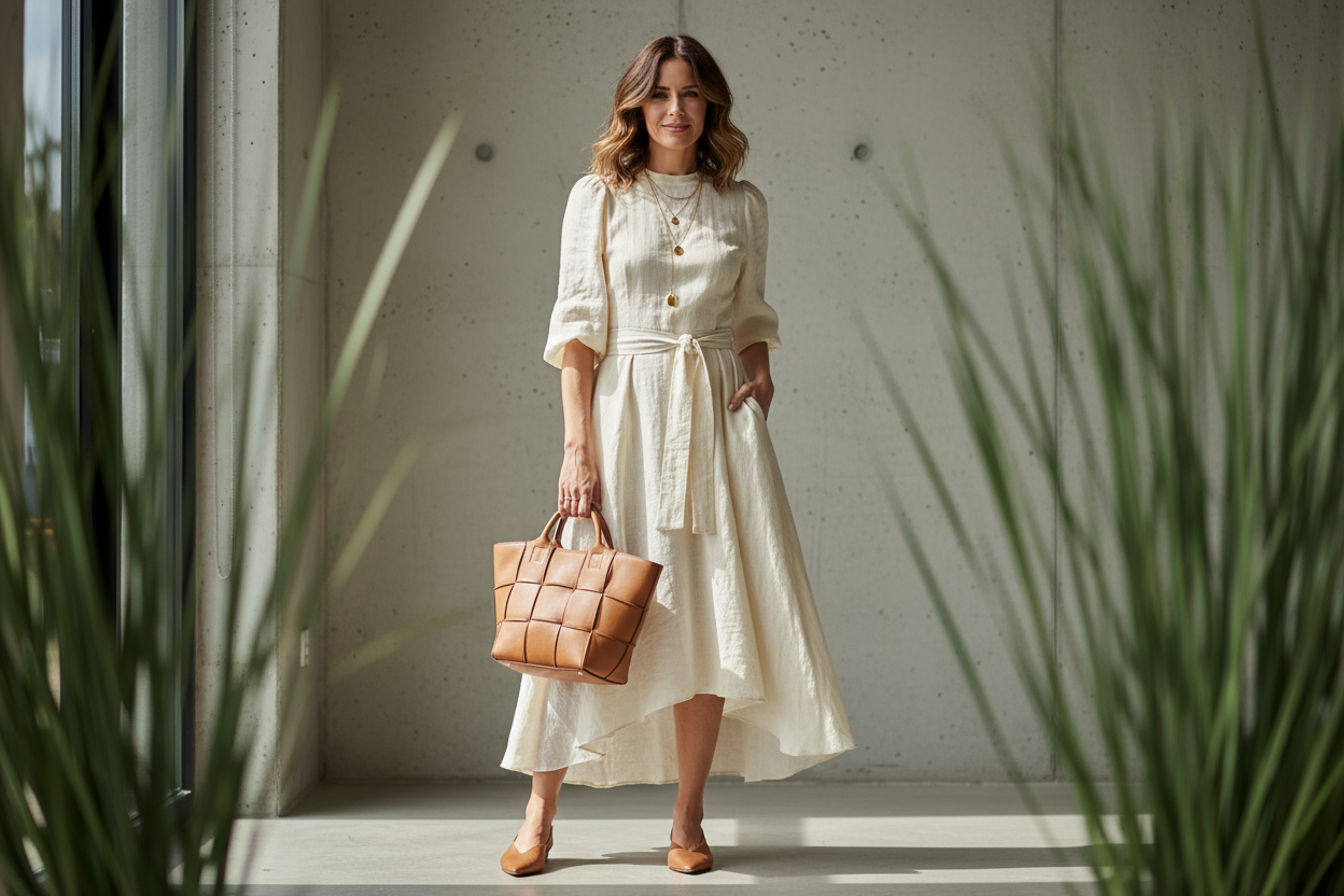 Una imagen de una mujer vistiendo un vestido casual y elegante